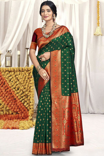 Bottle Green Zari Weaving Silk Saree