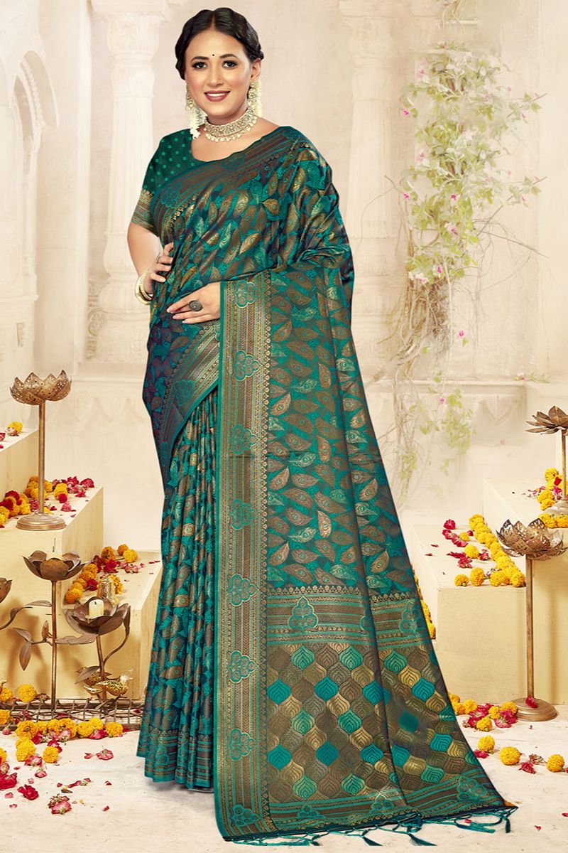 Bottle Green Woven Satin Silk Saree