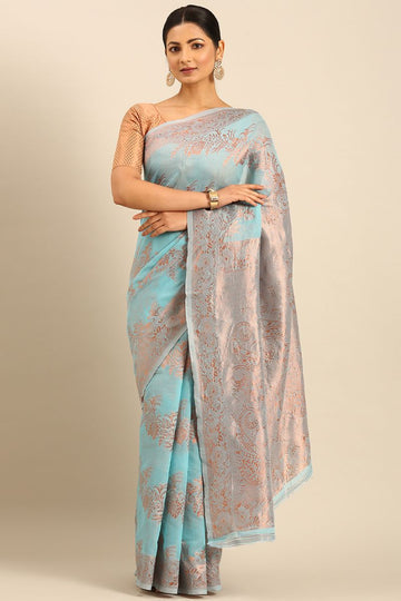 Breeze Blue Cotton Jacquard Work Saree