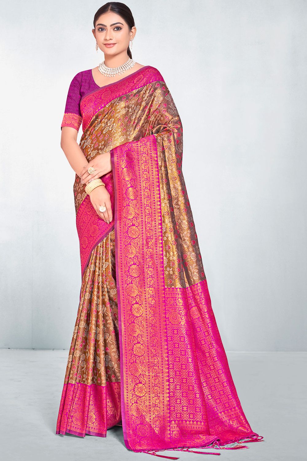 Bronze Brown Zari Woven Silk Saree