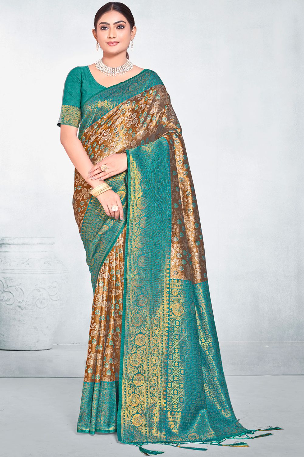 Bronze Brown Zari Woven Silk Saree