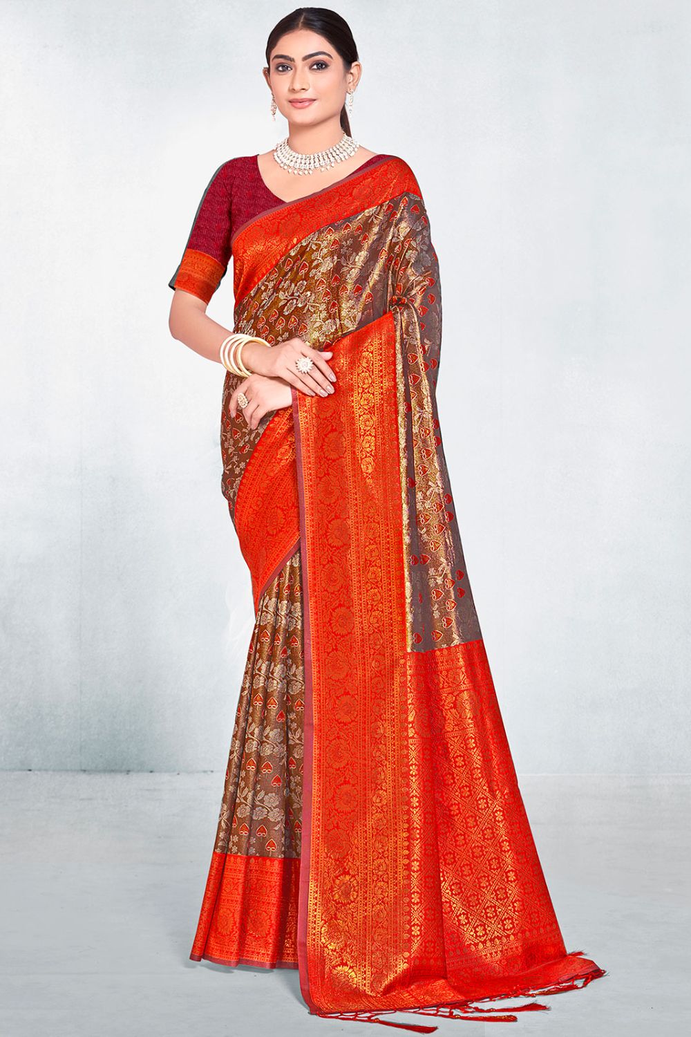 Bronze Brown Zari Woven Silk Saree