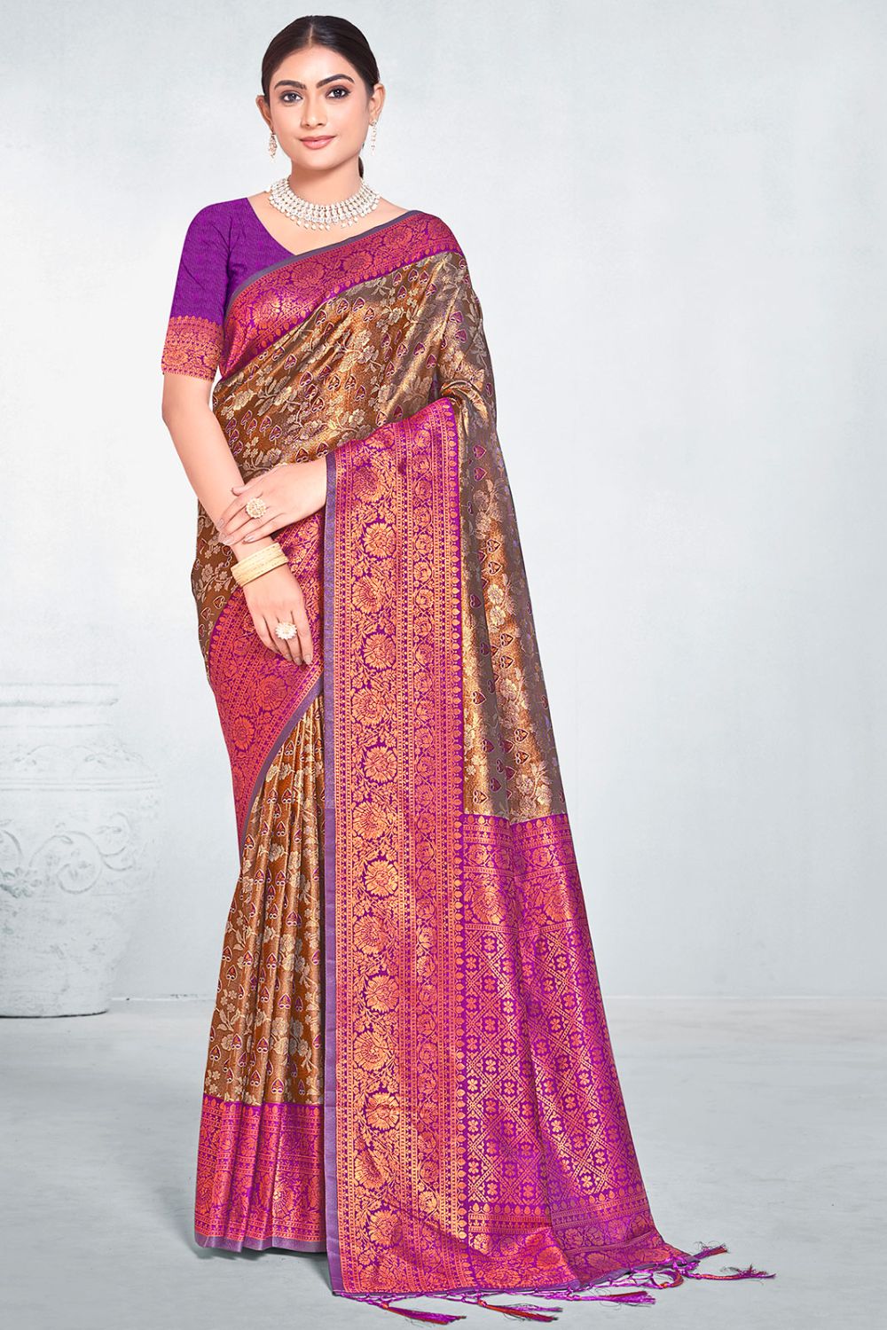 Bronze Brown Zari Woven Silk Saree