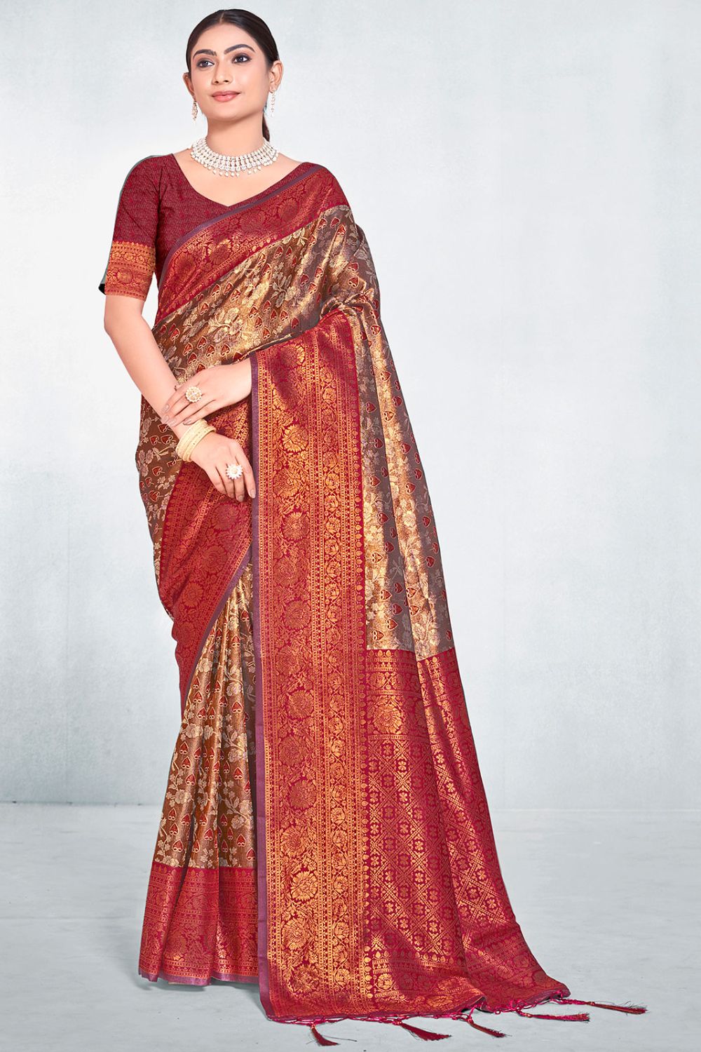 Bronze Brown Zari Woven Silk Saree