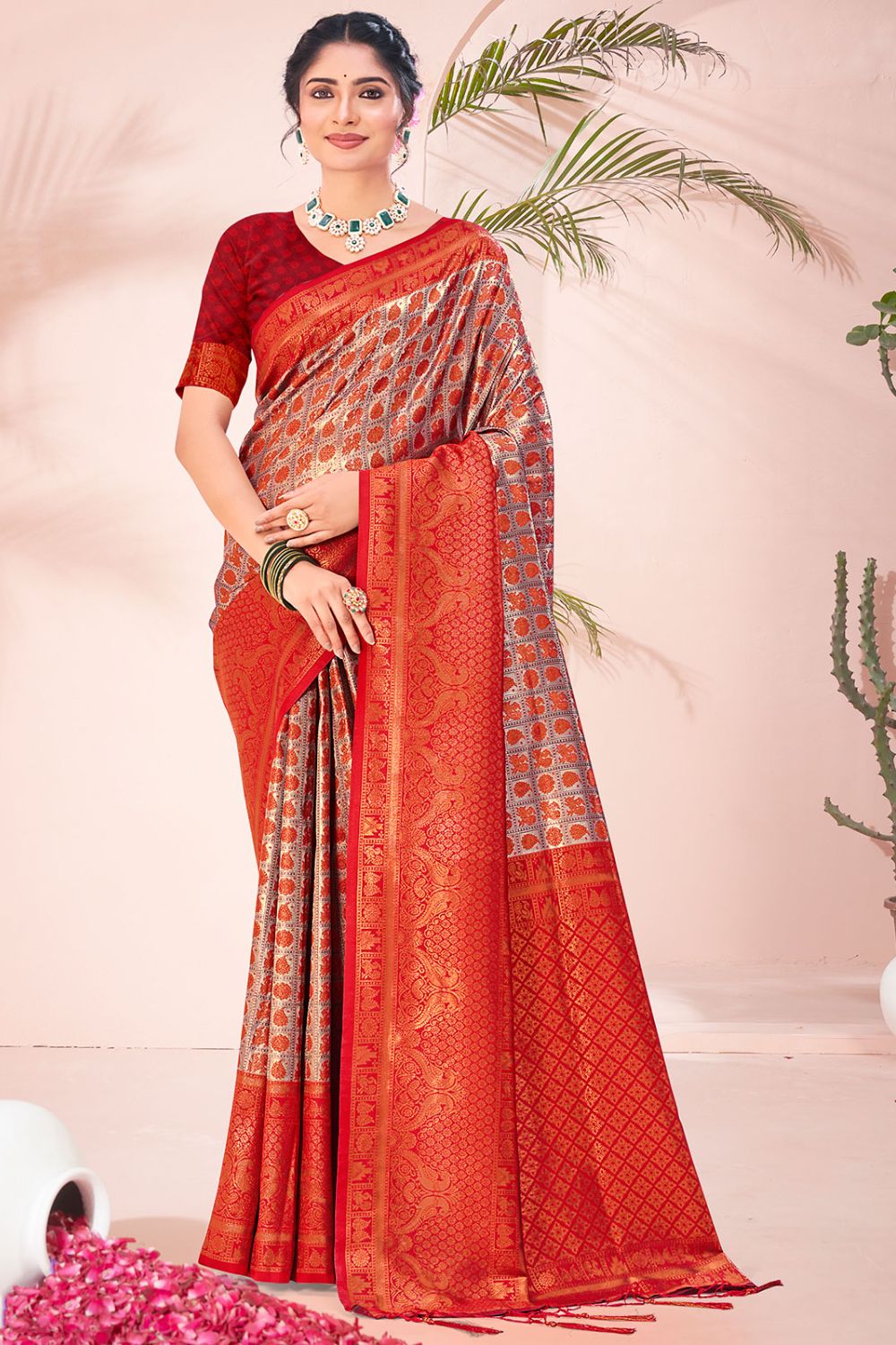 Bronze Grey Zari Woven Silk Saree