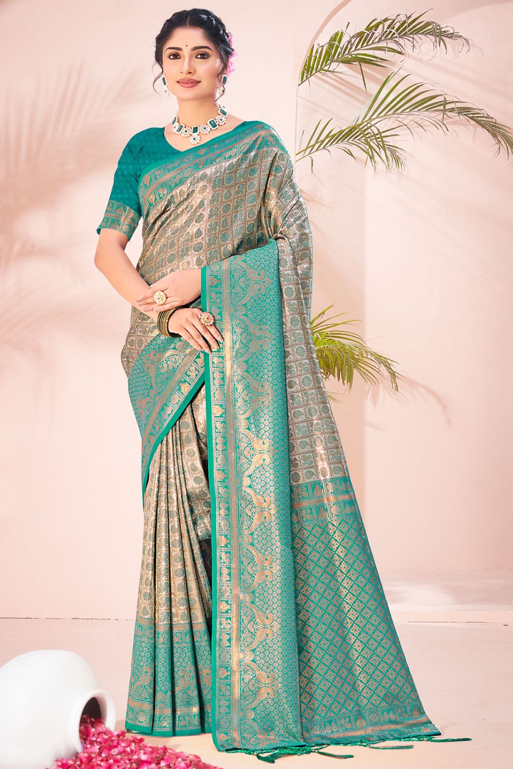 Bronze Grey Zari Woven Silk Saree