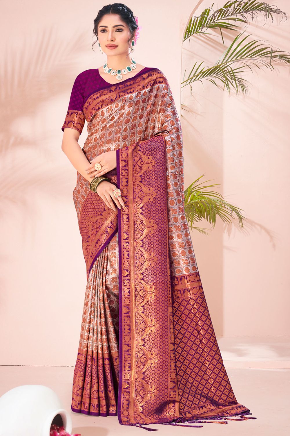 Bronze Grey Zari Woven Silk Saree