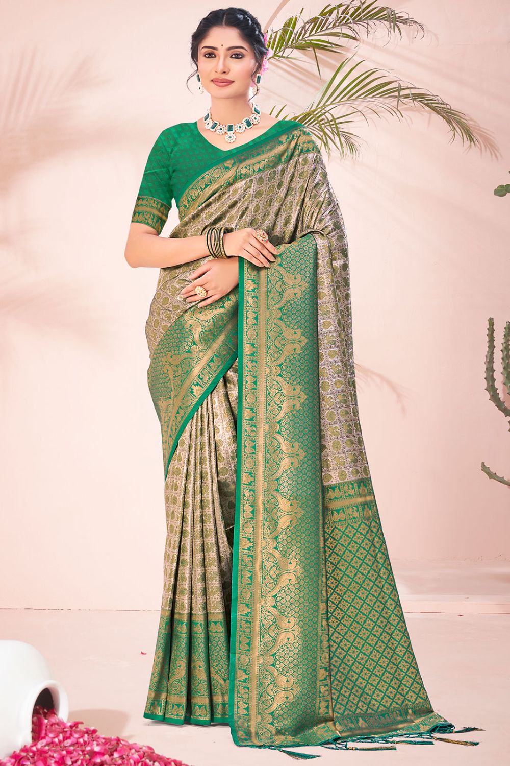 Bronze Grey Zari Woven Silk Saree