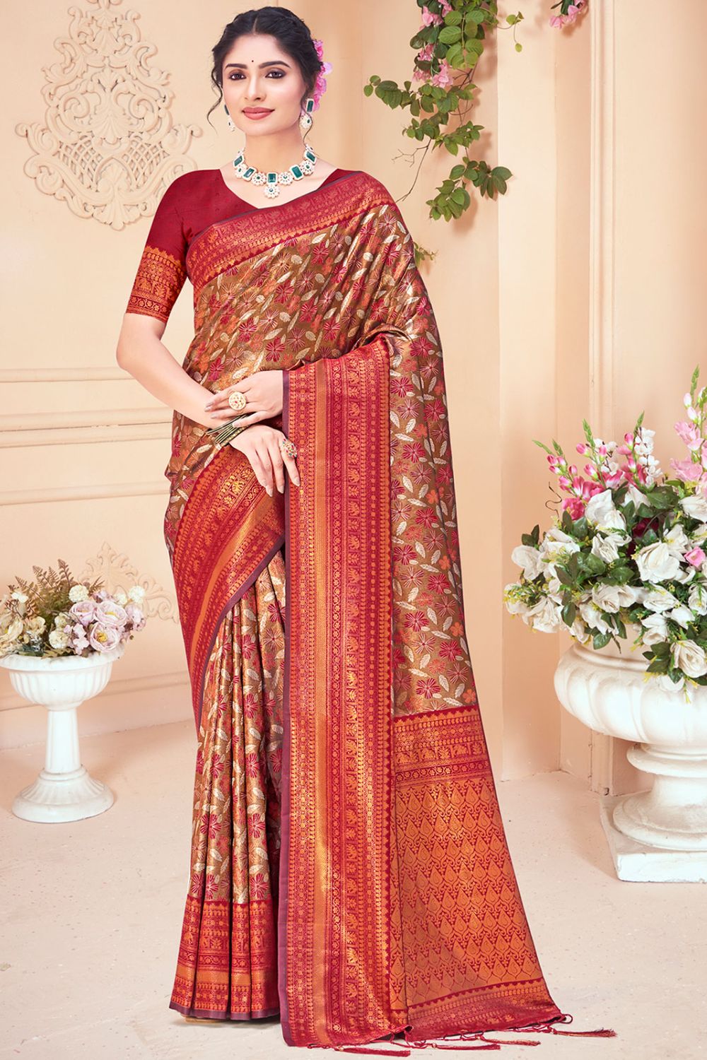 Bronze Zari Woven Silk Saree