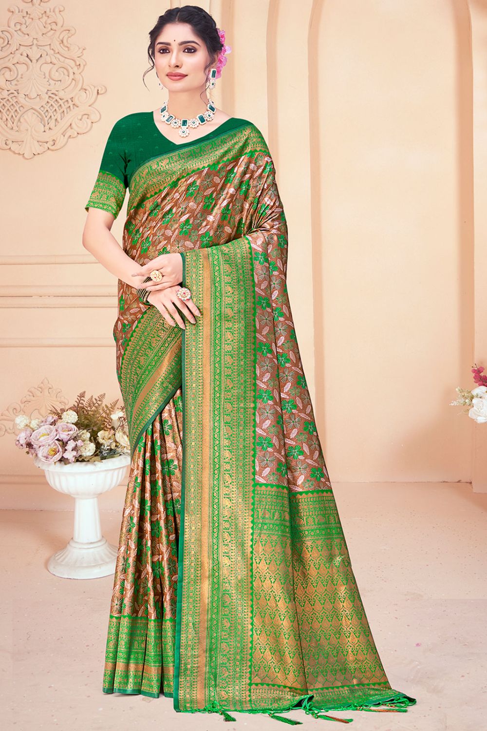 Bronze Zari Woven Silk Saree