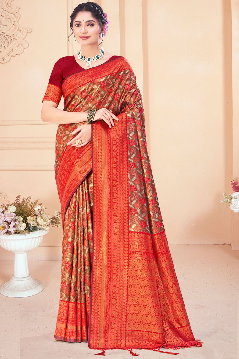 Bronze Zari Woven Silk Saree