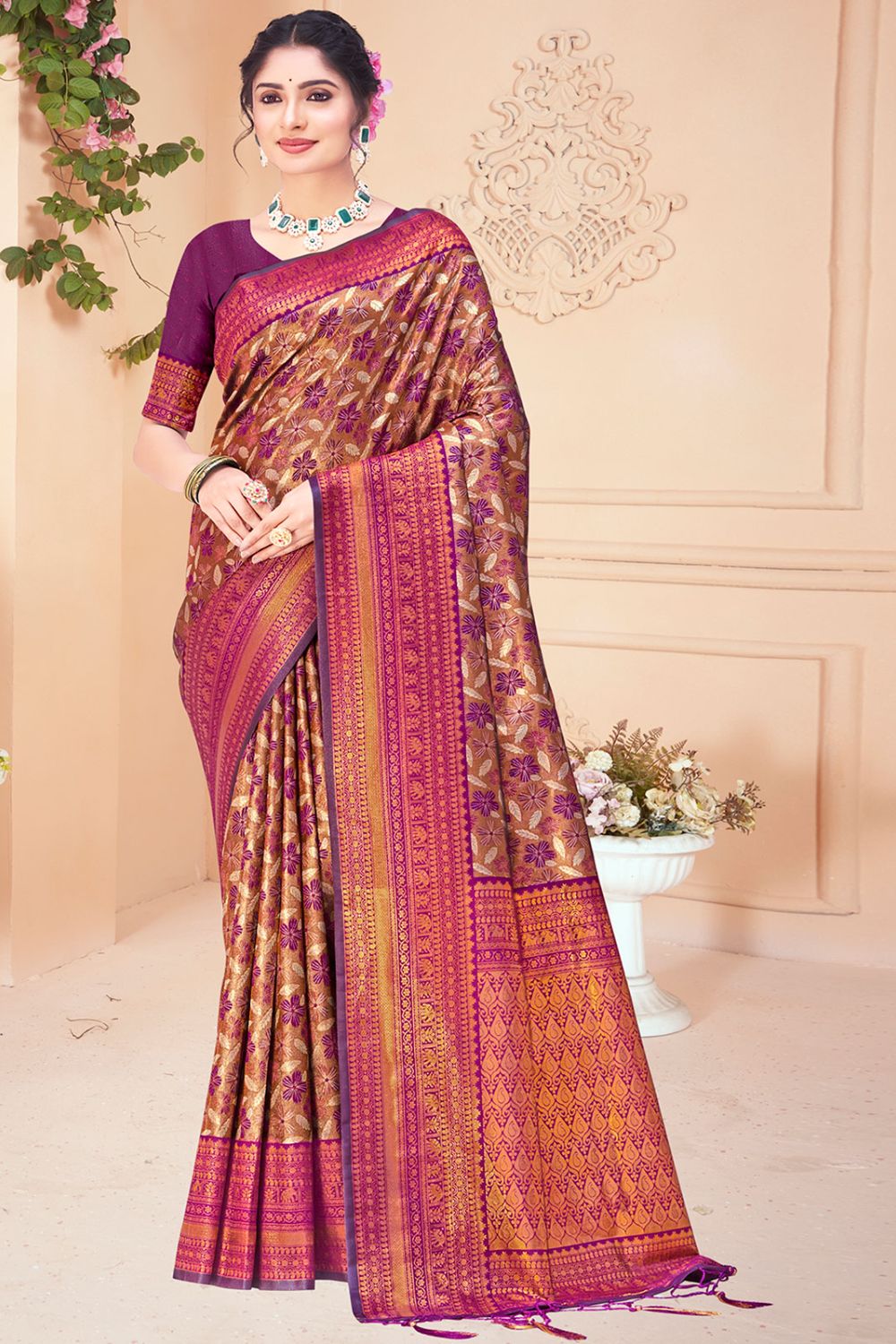 Bronze Zari Woven Silk Saree