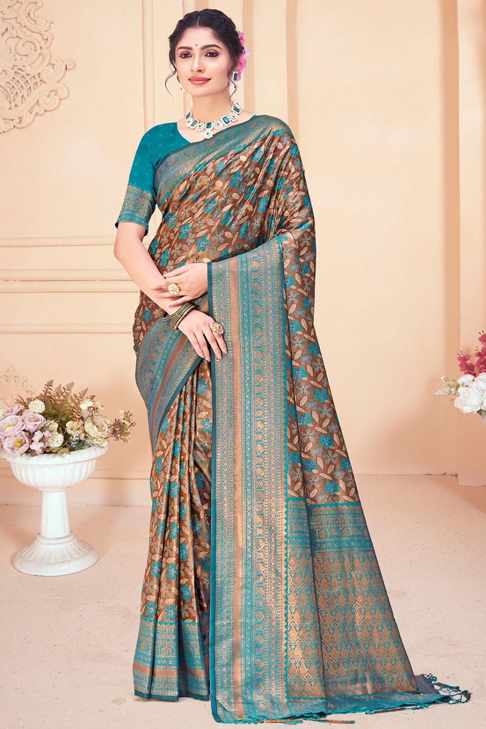 Bronze Zari Woven Silk Saree