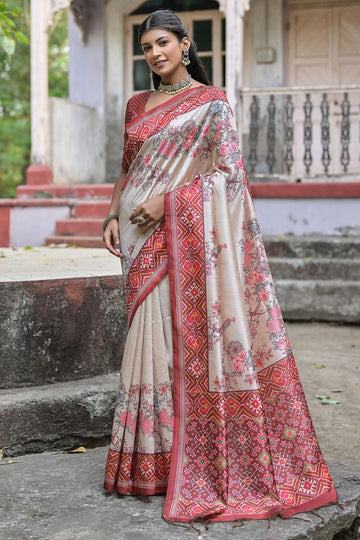 Brown and Beige Soft Tussar Silk Digital Printed Saree