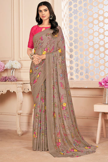 Brown Chiffon Printed Casual Wear Saree