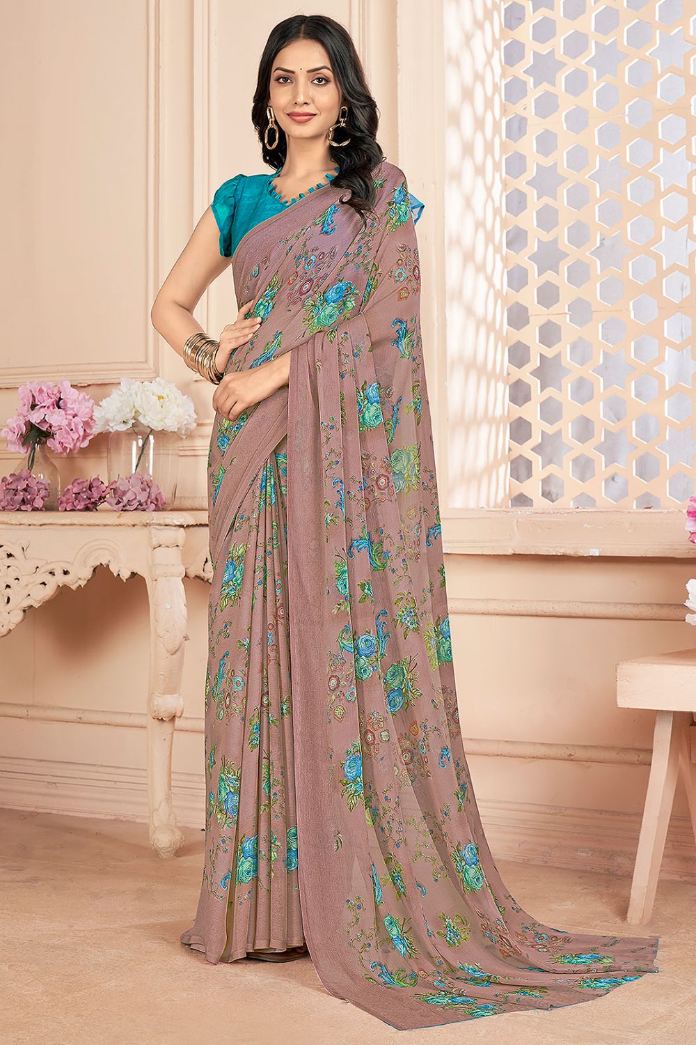 Brown Chiffon Printed Casual Wear Saree