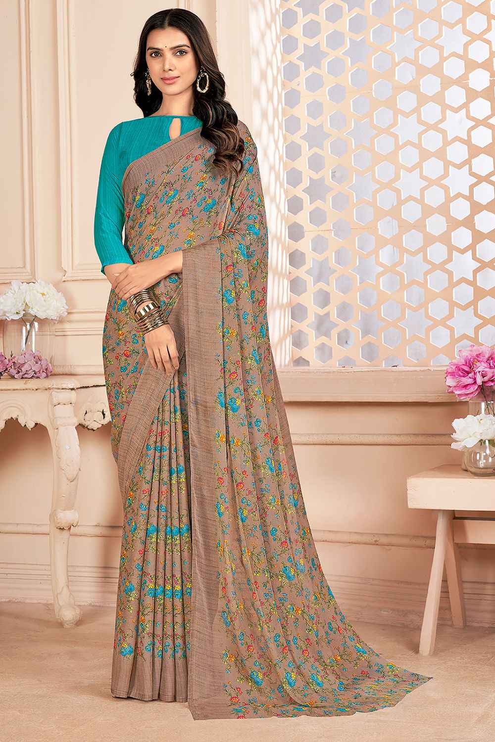 Brown Chiffon Printed Casual Wear Saree