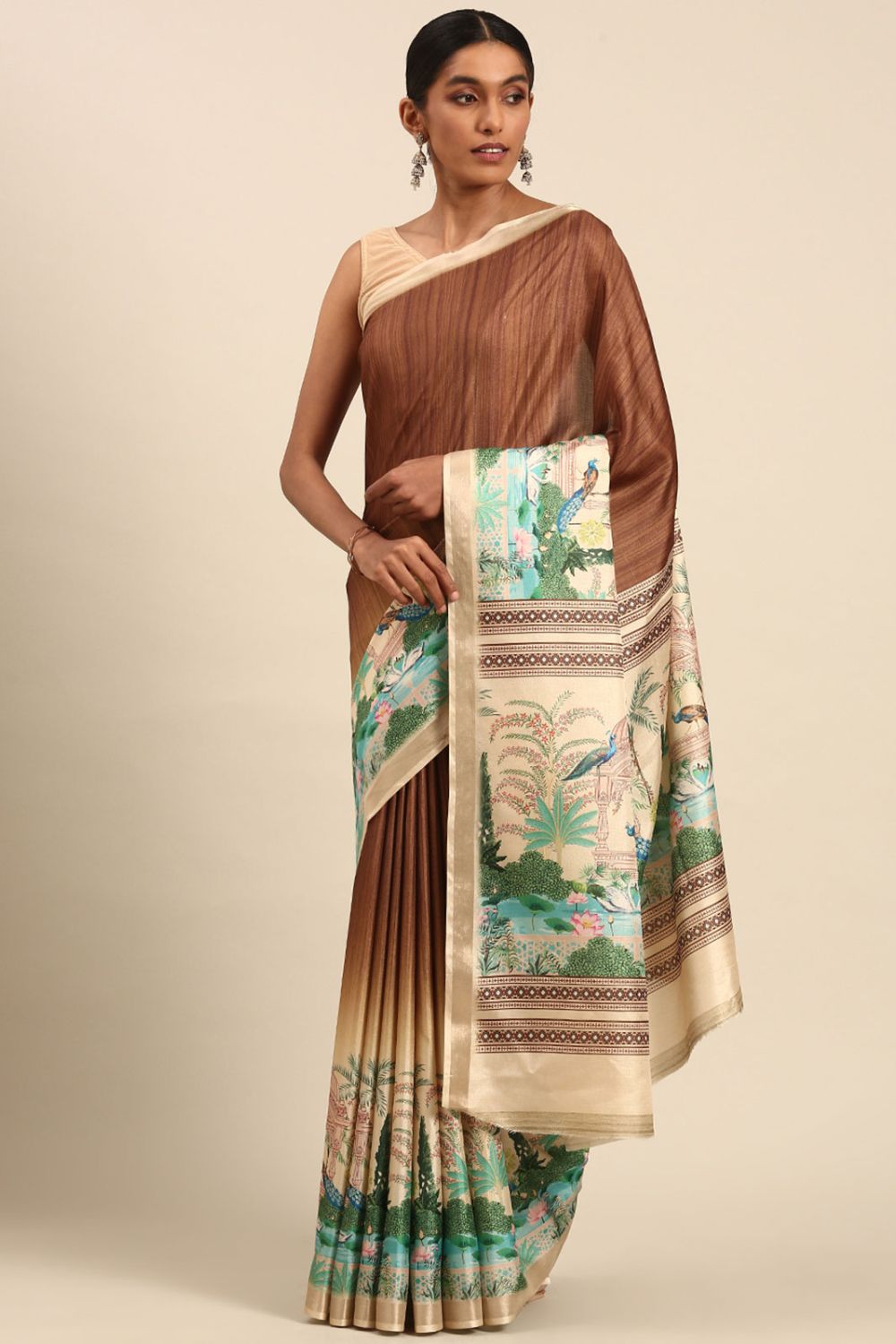 Brown Printed Cotton Saree