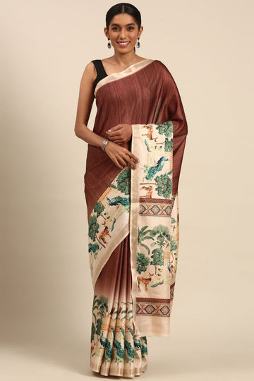 Brown Printed Cotton Saree