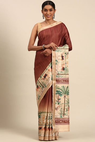 Brown Printed Cotton Saree