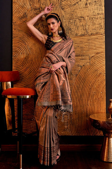 Brown Handloom Zari Woven Saree for Festival