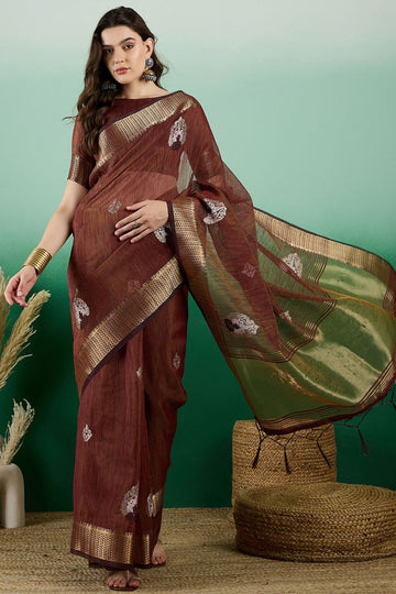 Brown Organza Woven Party Wear Saree