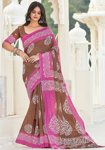 Brown Printed Cotton Saree for Party