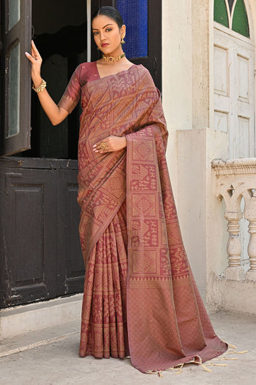 Brown Raw Silk Woven Party Wear Saree