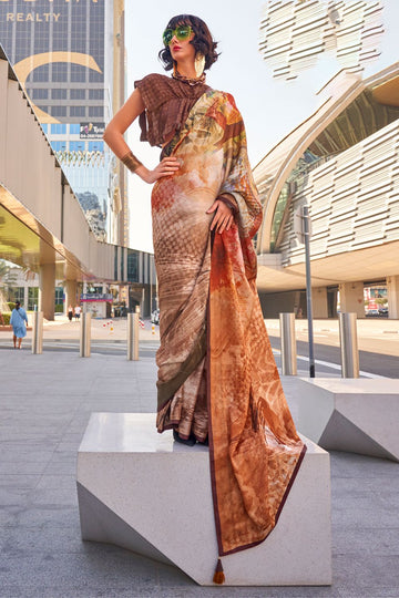 Brown Digital Printed Satin Saree