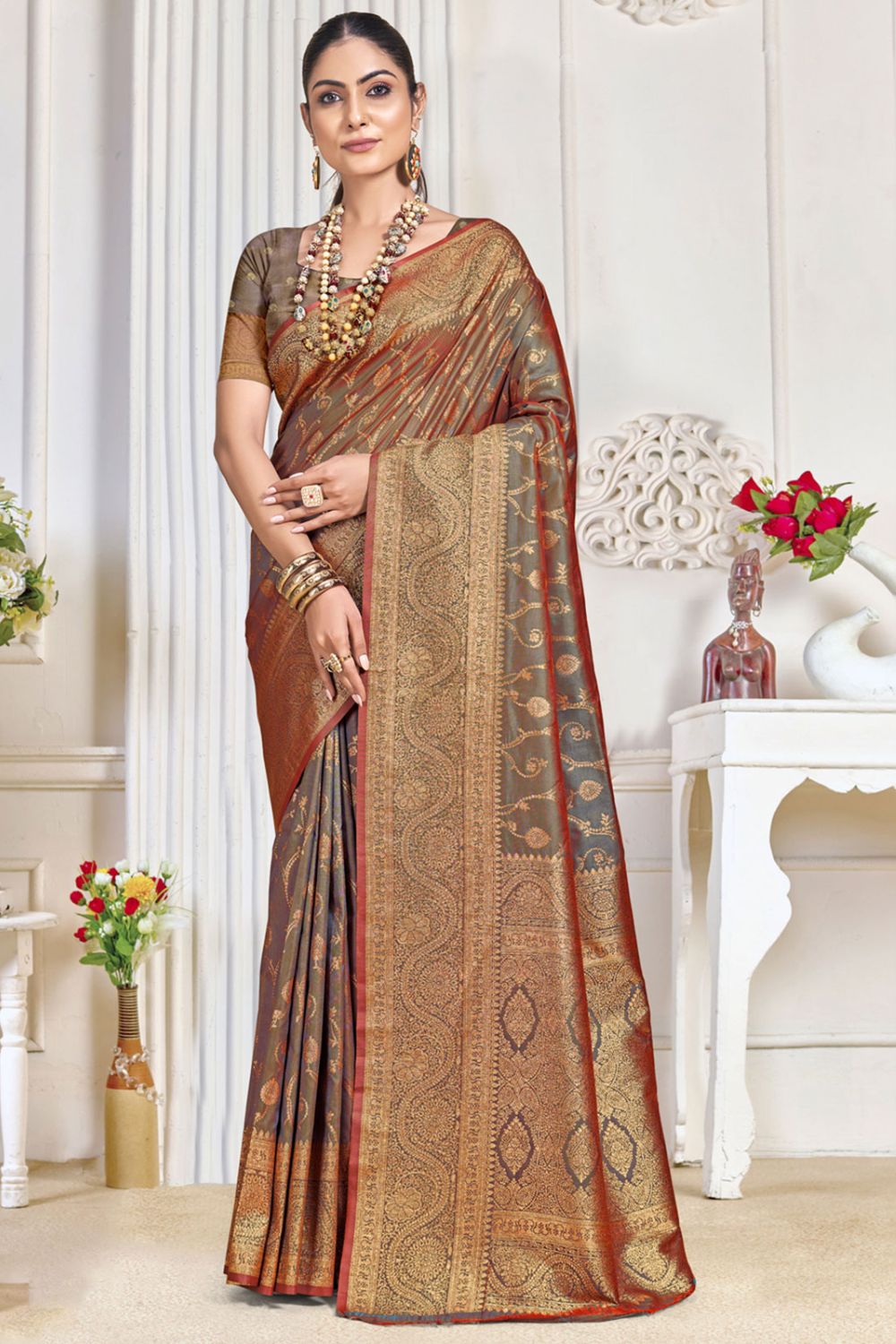 Brown Silk Woven Work Saree