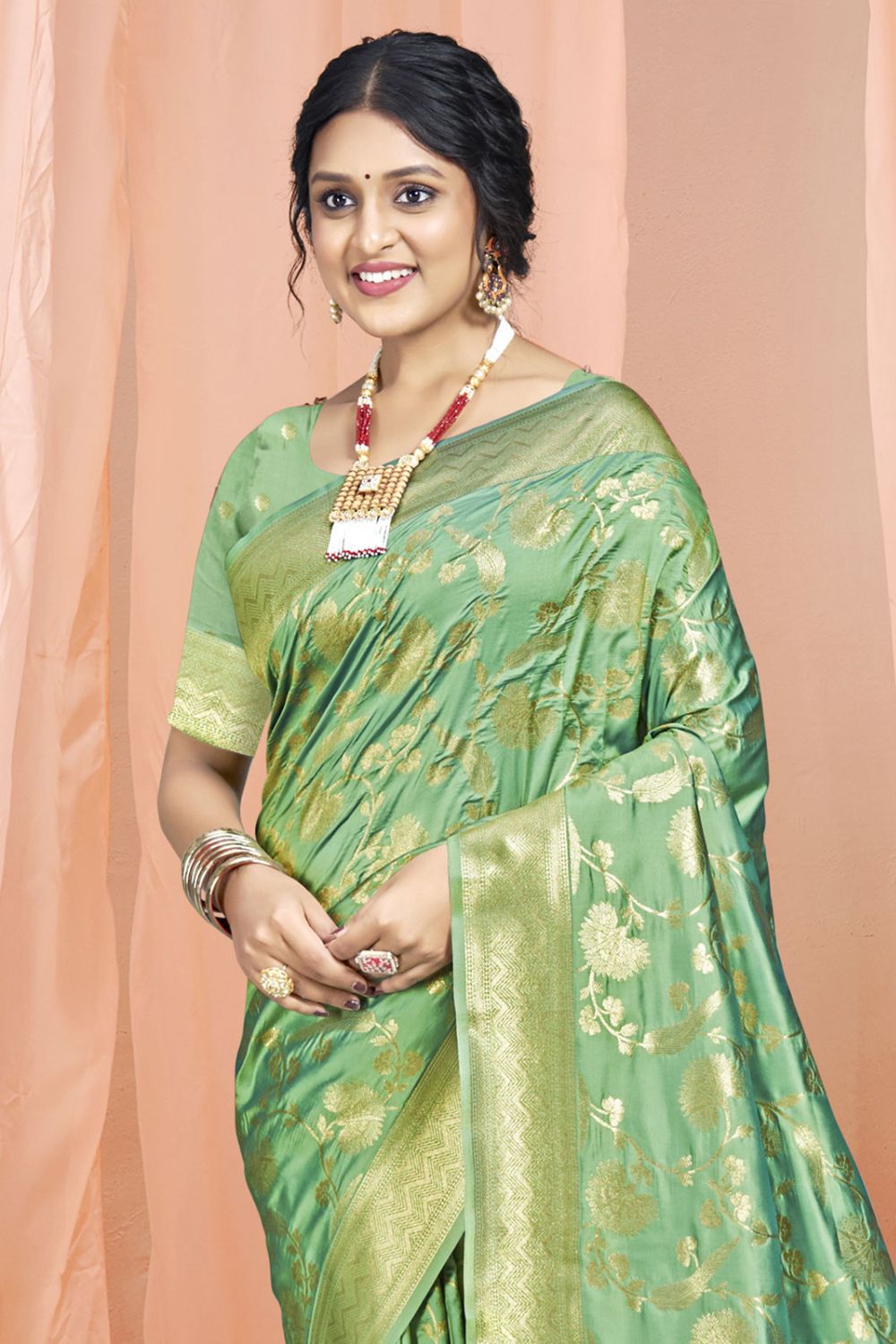 Sauf Green Silk Woven Work Saree