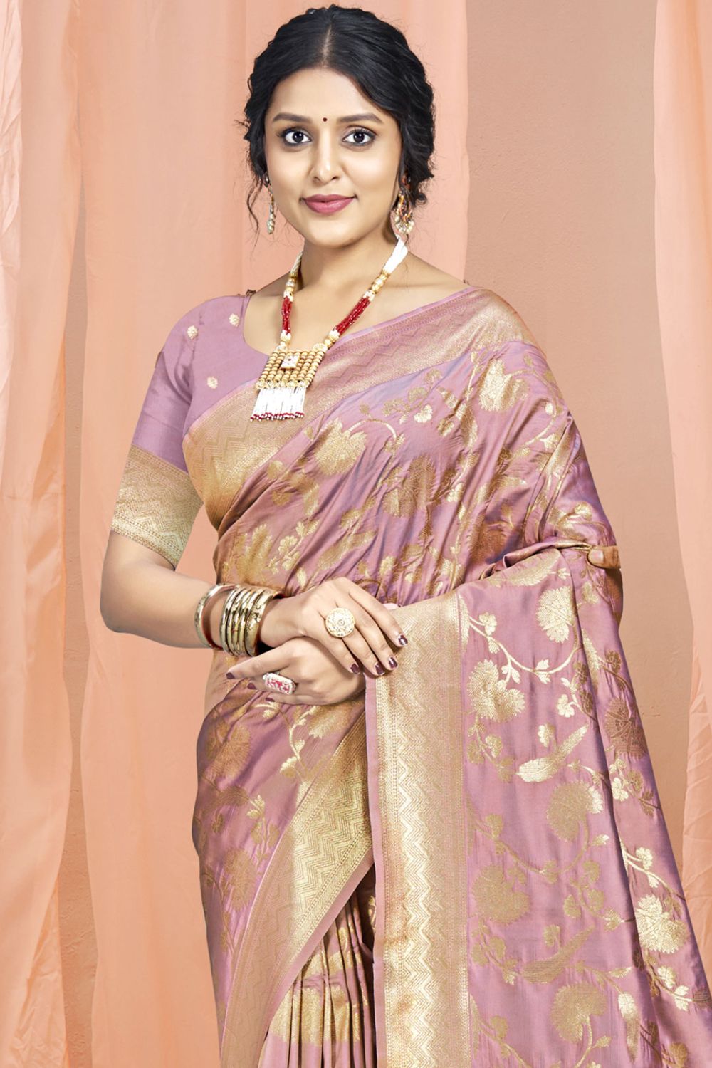 Old Rose Pink Silk Woven Work Saree