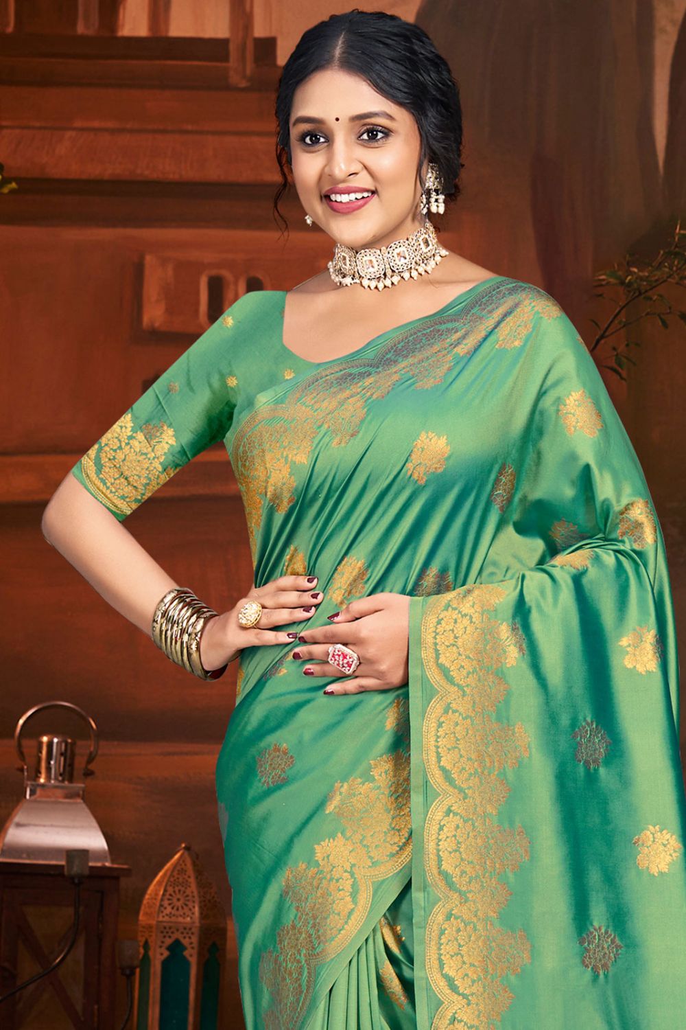 Parrot Green Silk Woven Work Saree