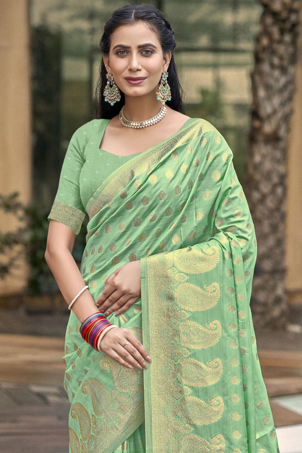 Pista Green Silk Woven Work Saree