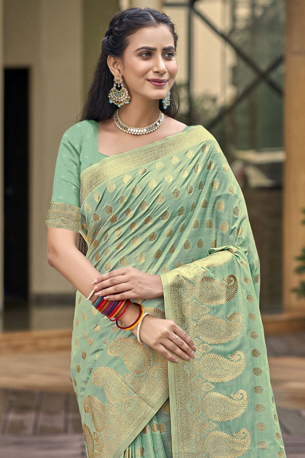 Sauf Green Silk Woven Work Saree