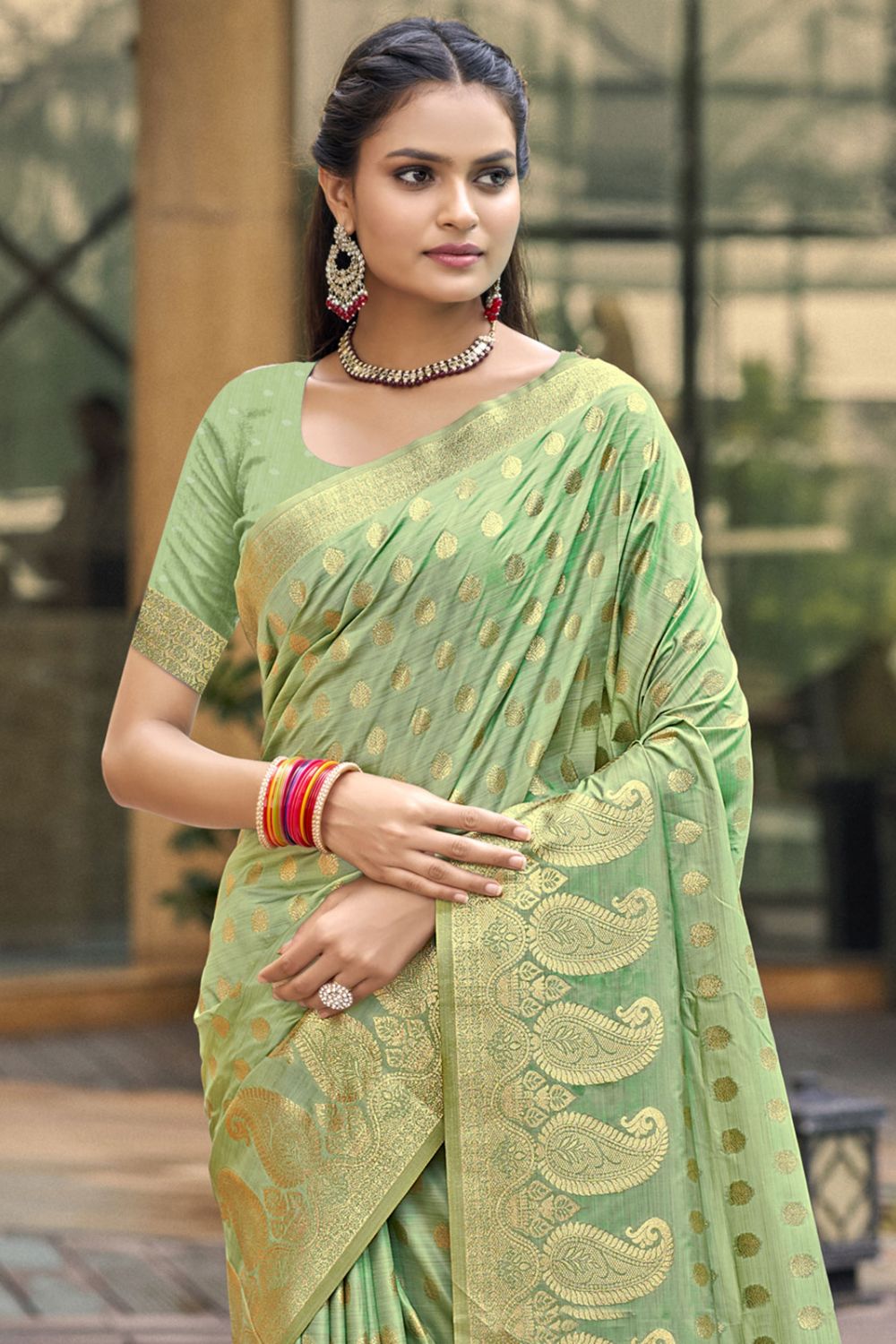 Pista Green Silk Woven Work Saree