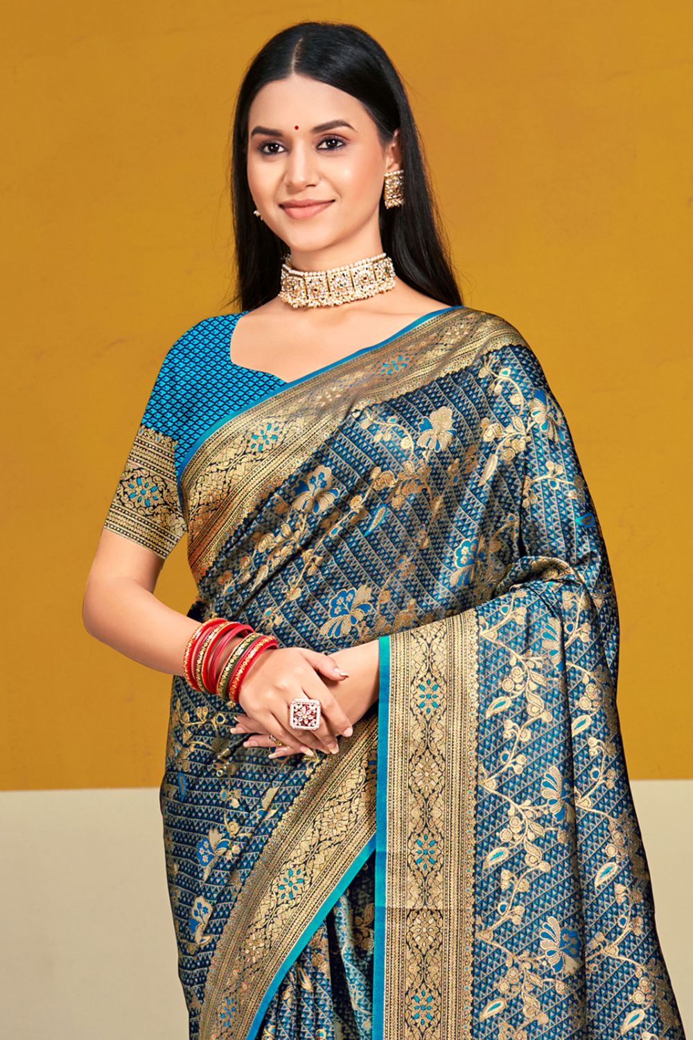 Firozi Blue Satin Silk Woven Saree