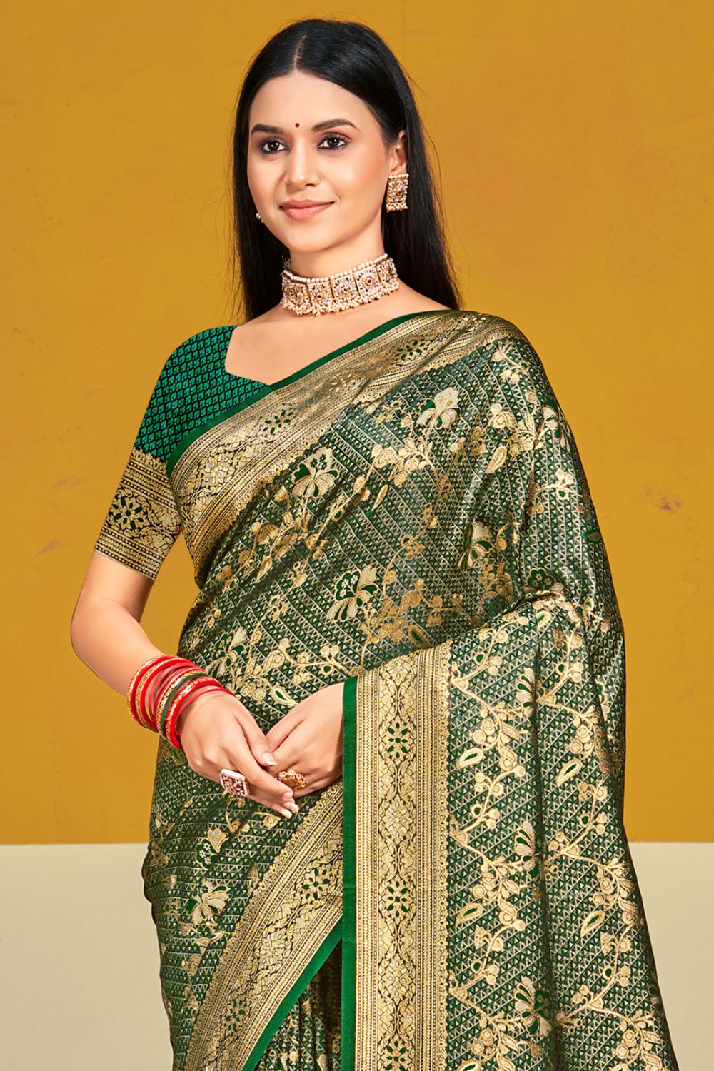 Green Satin Silk Woven Saree