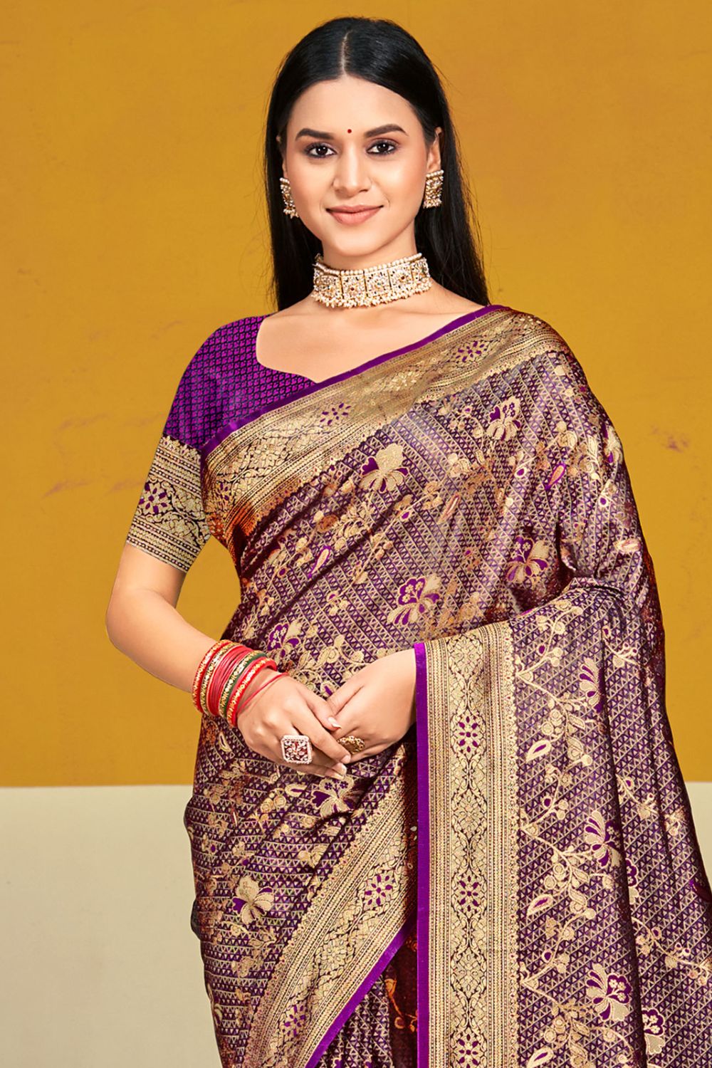 Purple Satin Silk Woven Saree