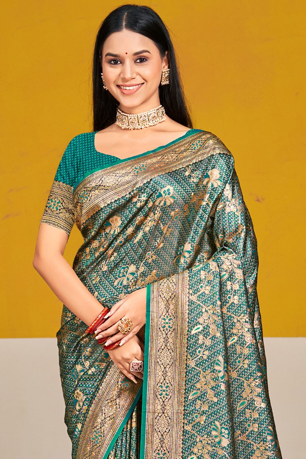 Rama Green Satin Silk Woven Saree