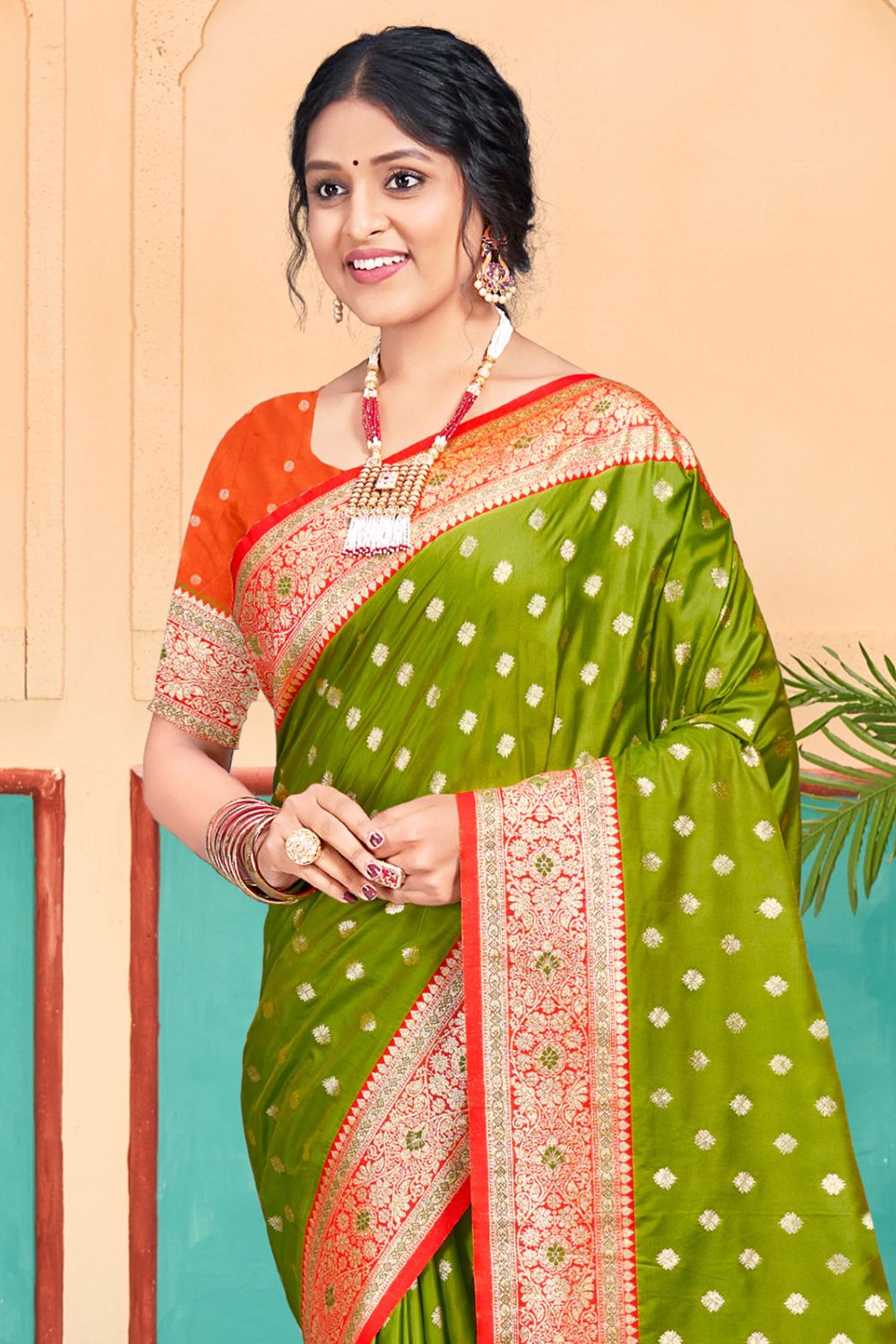 Olive Green Silk Woven Work Saree