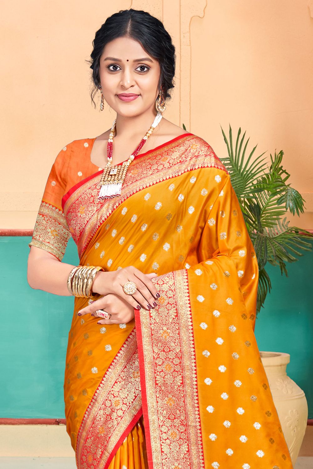 Golden Yellow Silk Woven Work Saree