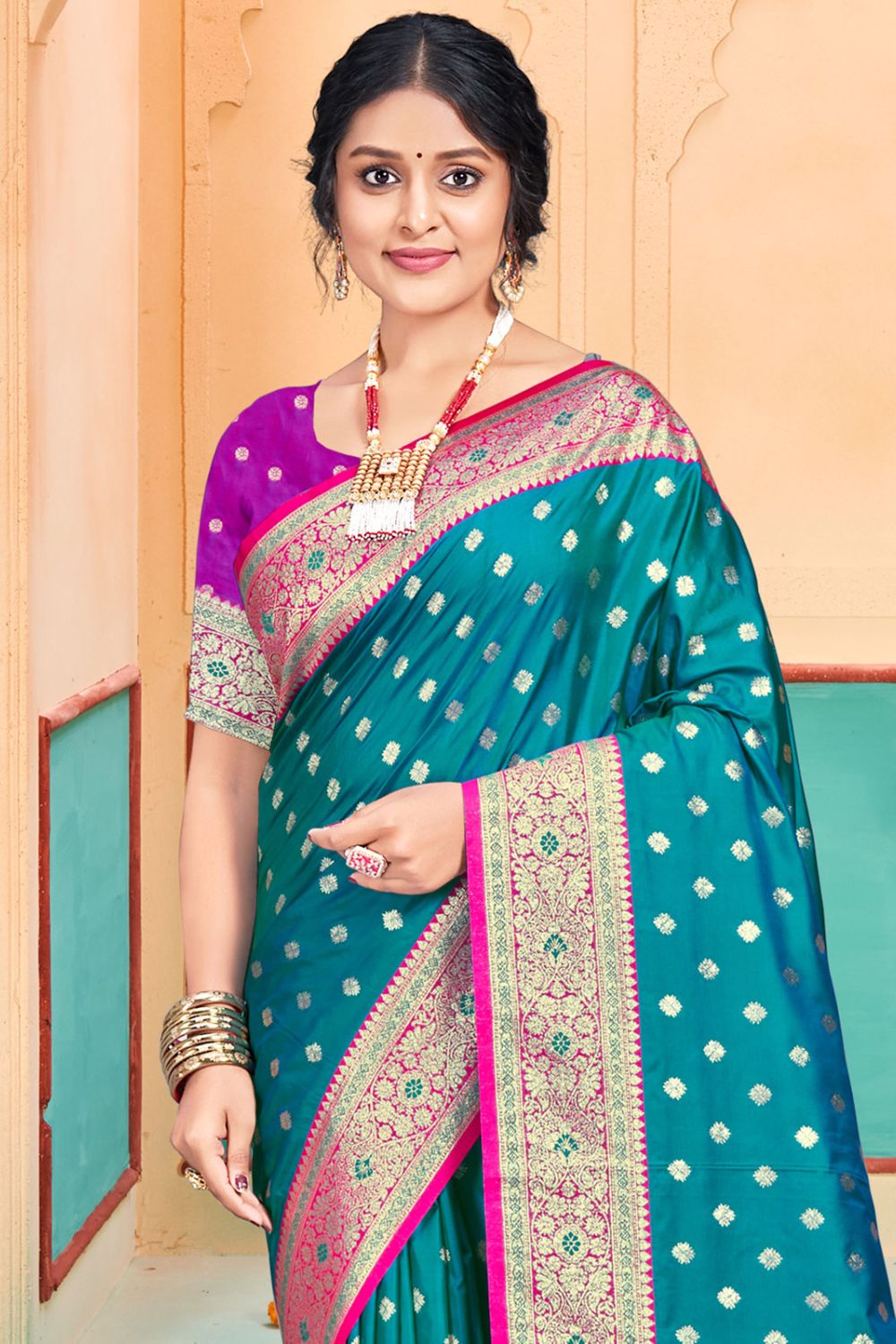 Teal Green Silk Woven Work Saree