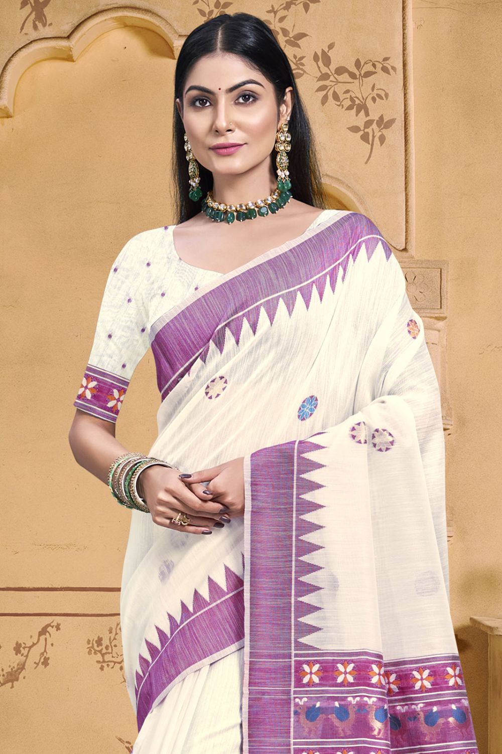 Off White Cotton Ptinted Saree