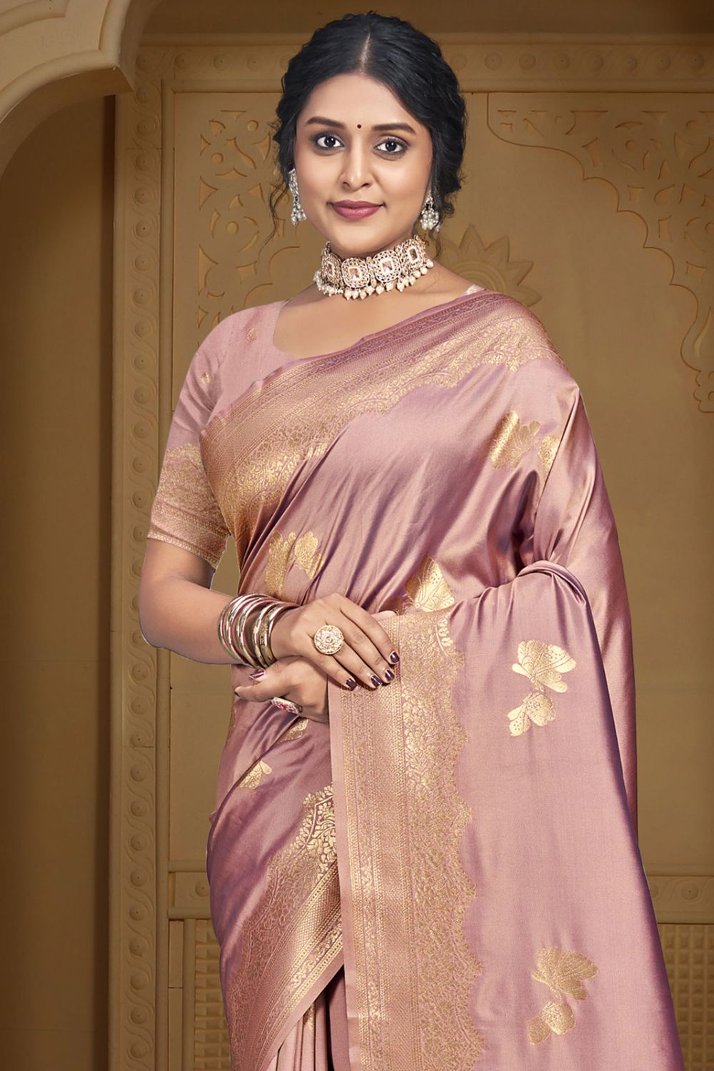 Old Rose Gold Silk Woven Work Saree