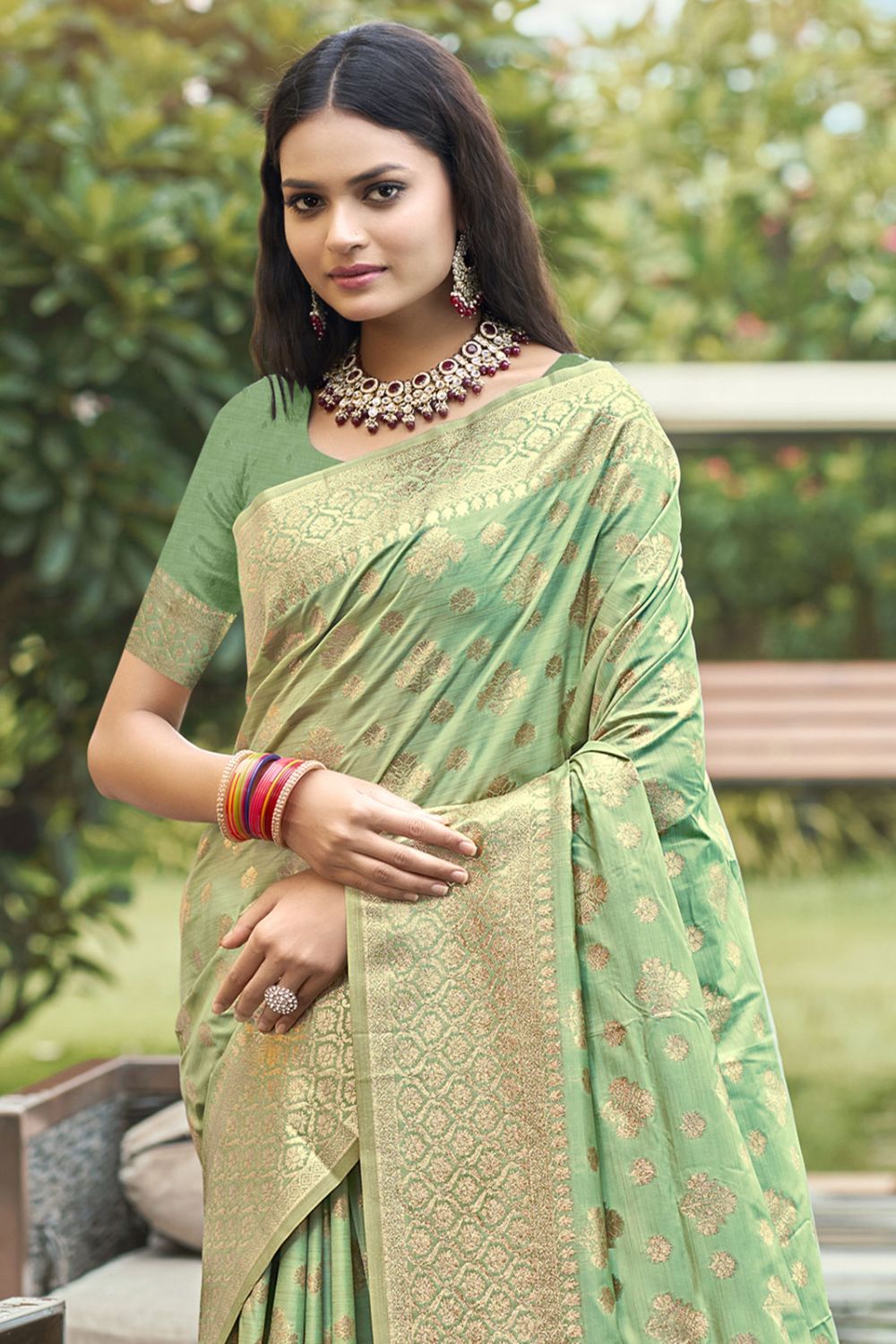 Pista Green Silk Woven Work Saree