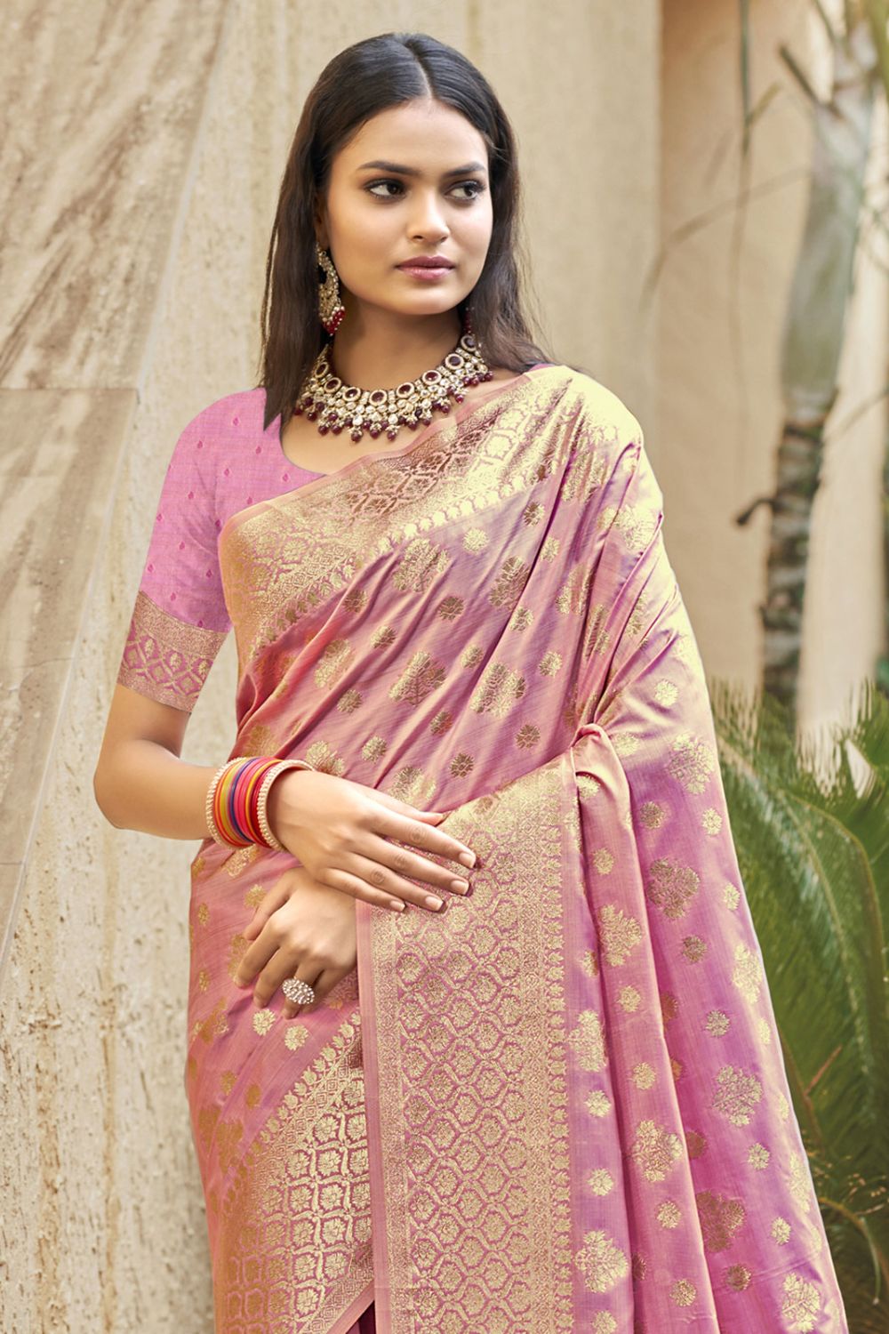 Pink Silk Woven Work Saree