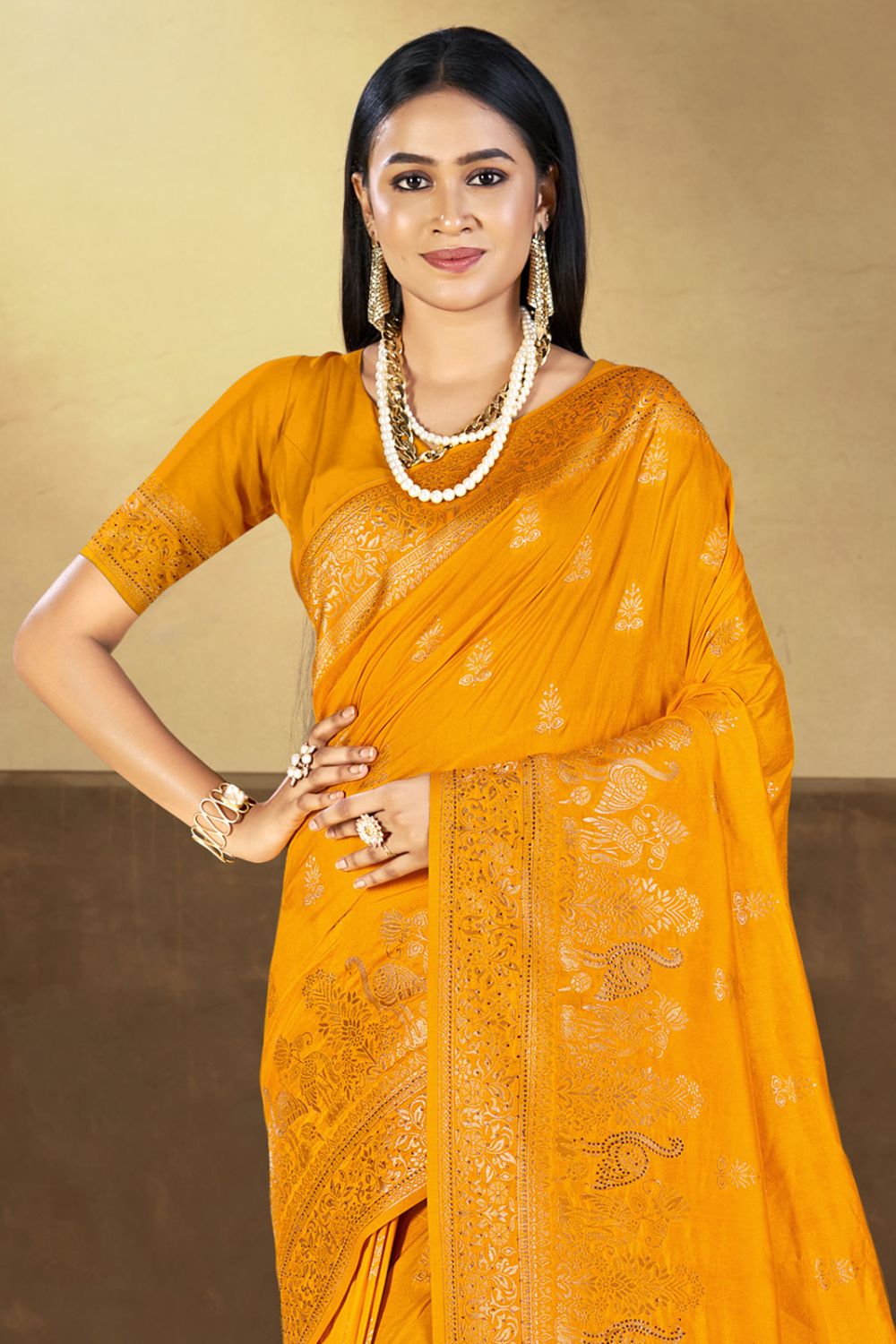 Golden Yellow Silk Woven Work Saree