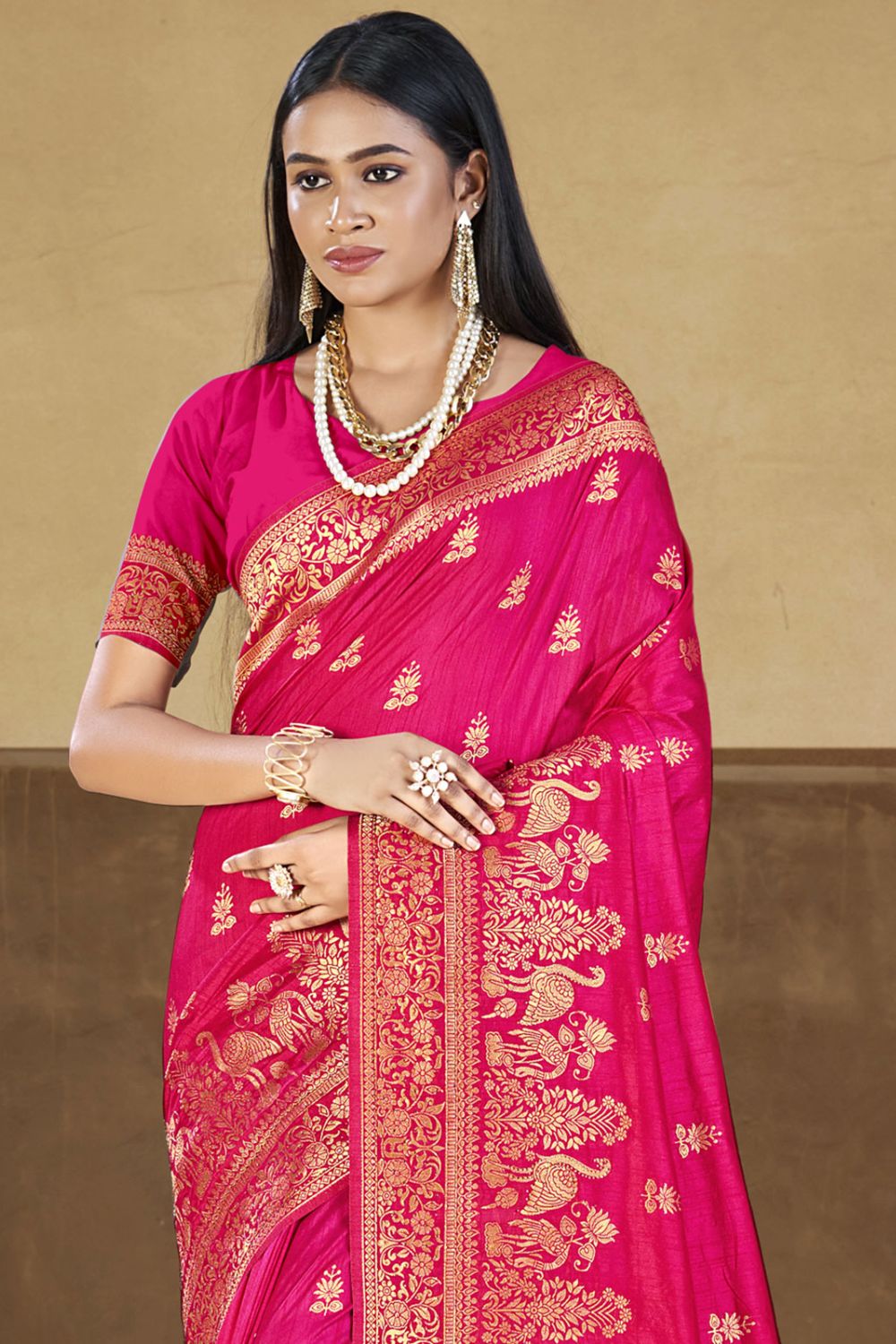 Hot Pink Silk Woven Work Saree