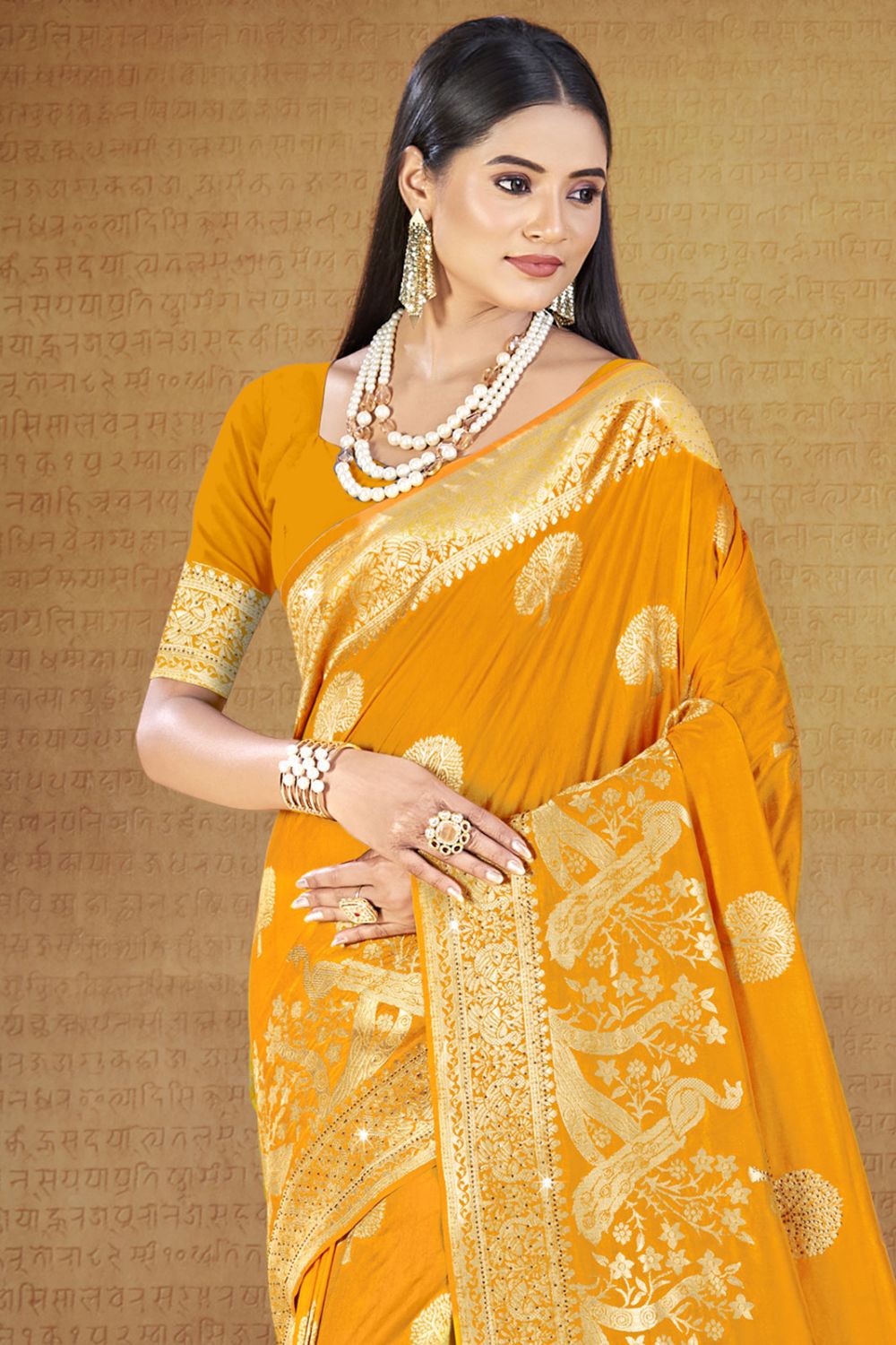 Mustard Yellow Silk Woven Work Saree